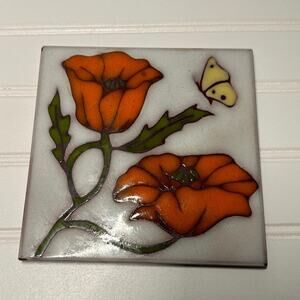 Hand Painted & Glazed Art Tile. Red Poppies & Butterfly. 6” X 6”. *Read.